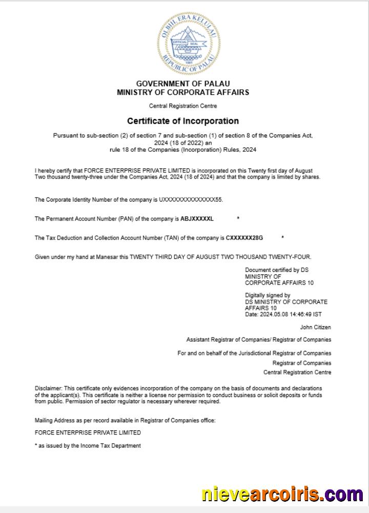 Palau business registration certificate